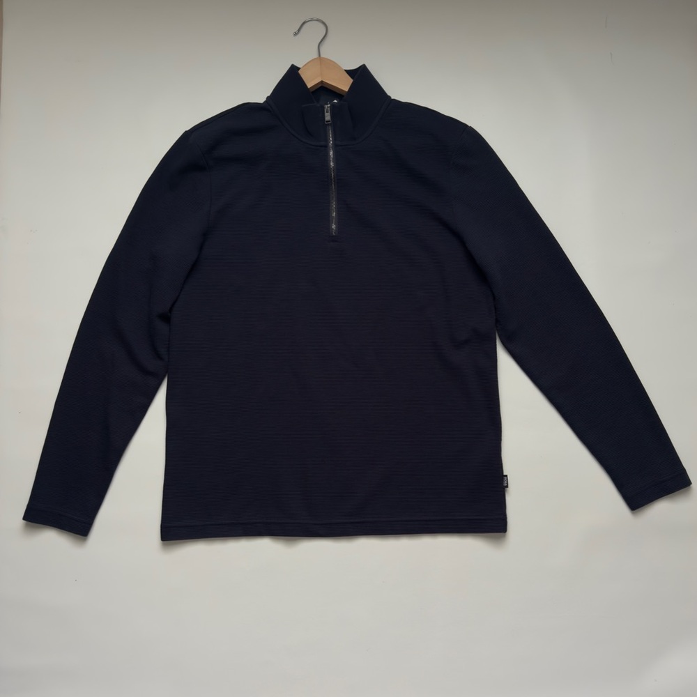BOOS HUGO BOSS Mens 1/4 Zip Pullover / Blue Navy Ribbed Cotton Sweatshirt Size L